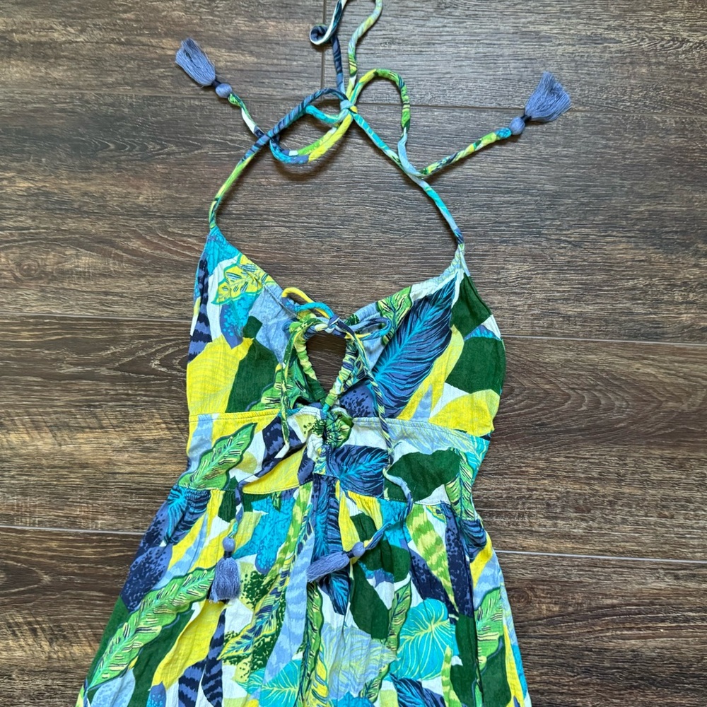 Aerie Paradise Palm Green‎ Blue Halter Cutout Maxi Dress Women’s XS - Picture 3 of 7